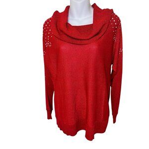Ruby Rd. Petite Large New Red Cowl Neck Sweater Rhinestone Accents Long Sleeve